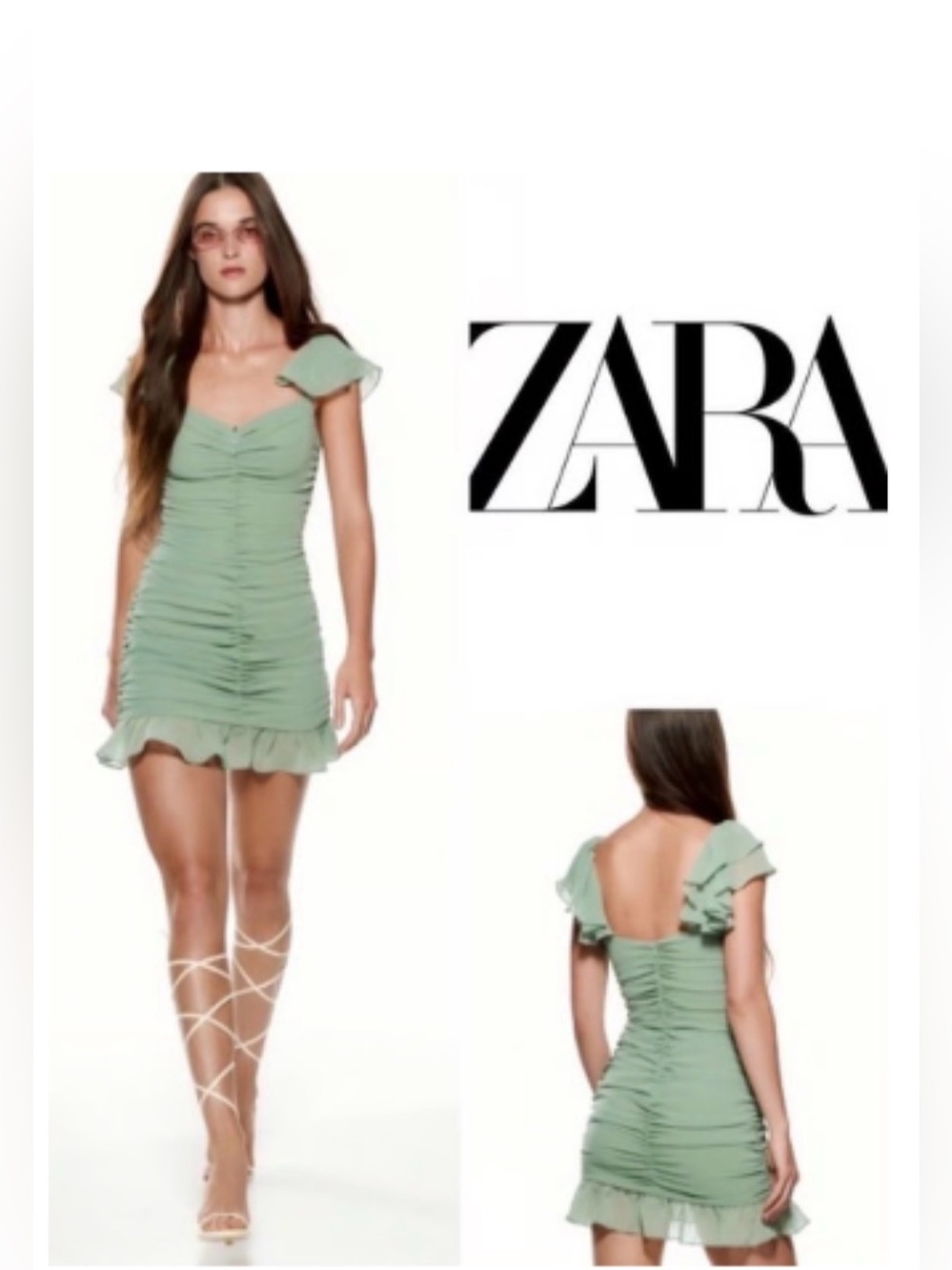 ZARA Ruffles Ruched Draped Off Shoulder Bodycon Dress Sage Green